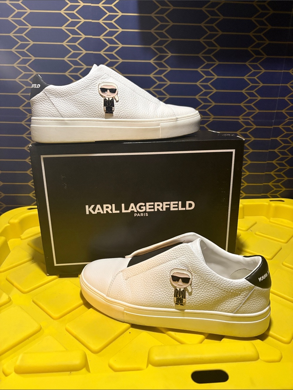 Karl Lagerfeld White Slip-On Womens Sneakers with Icon Patch
